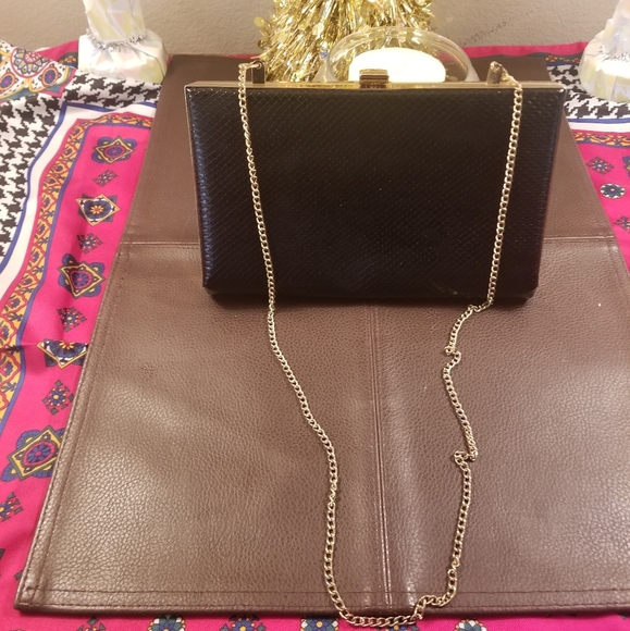 Handbags - Black Patent Leather Clutch With Gold Chain